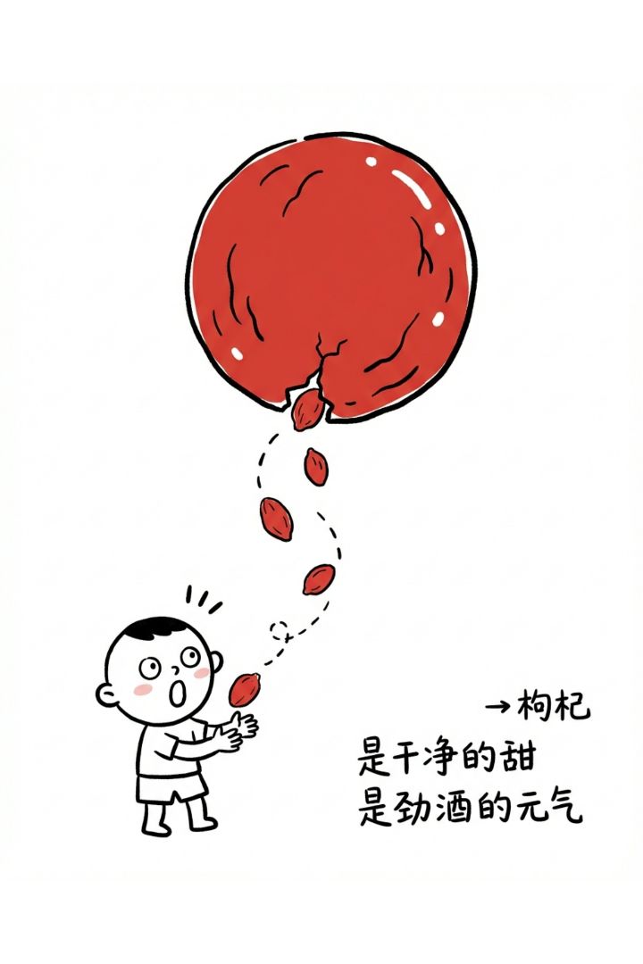 干净的根，从这里来。一口劲酒，藏着几味中药的小秘密，它们不是药，是干净的甜、暖、劲、沉。喝下去，像被轻轻抱住，又像自己站得更稳了。枸杞 是干净的甜 是劲酒偷偷给的元气；当归 是干净的暖 是劲酒轻轻抱住你的温柔； 人参 是干净的劲 是劲酒嘿咻一下就站稳的根基； 黄精 是干净的沉 是劲酒躺下来才冒出来的后劲。最后那杯，干了。 - 4