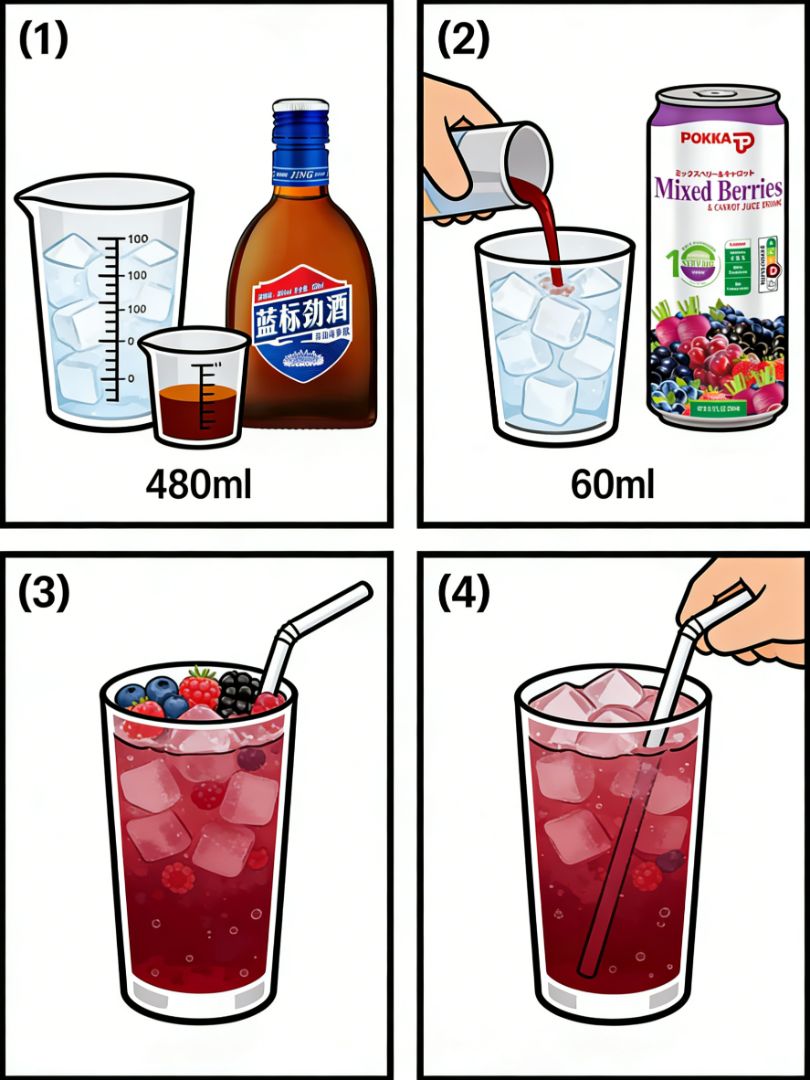 Ingredients (STEP 1): 480ml ice glass, jigger, Blue Label Jinjiu, Pokka Mixed Berries, straw