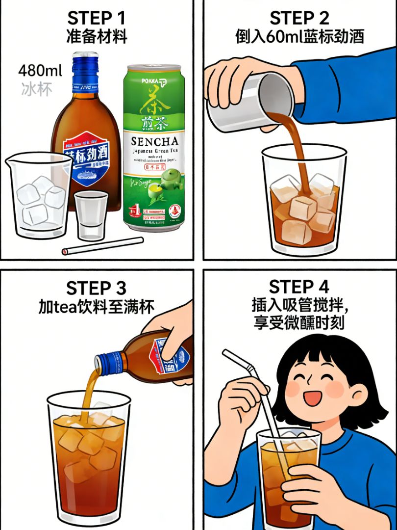 Ingredients (STEP 1): 480ml ice glass, jigger, Blue Label Jinjiu, Pokka Sencha Japanese green tea, straw