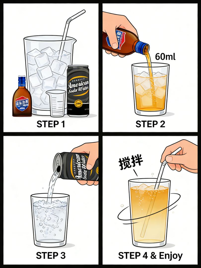 准备材料（STEP 1）：480ml 冰杯、量杯、蓝标劲酒、Monarch American Soda Water、吸管