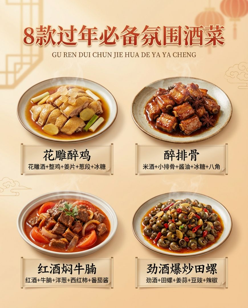 New Year family banquets, the aroma of wine infused into the dishes, warming and reunion. Eight simple and easy-to-make dishes with wine that enhance freshness and remove fishy smells, filling the air with aroma symbolizing a prosperous and sweet life. A table full of fine wine and dishes brings a lively Chinese New Year. Save and try making them to make the festive spirit even stronger! 🥂🍲