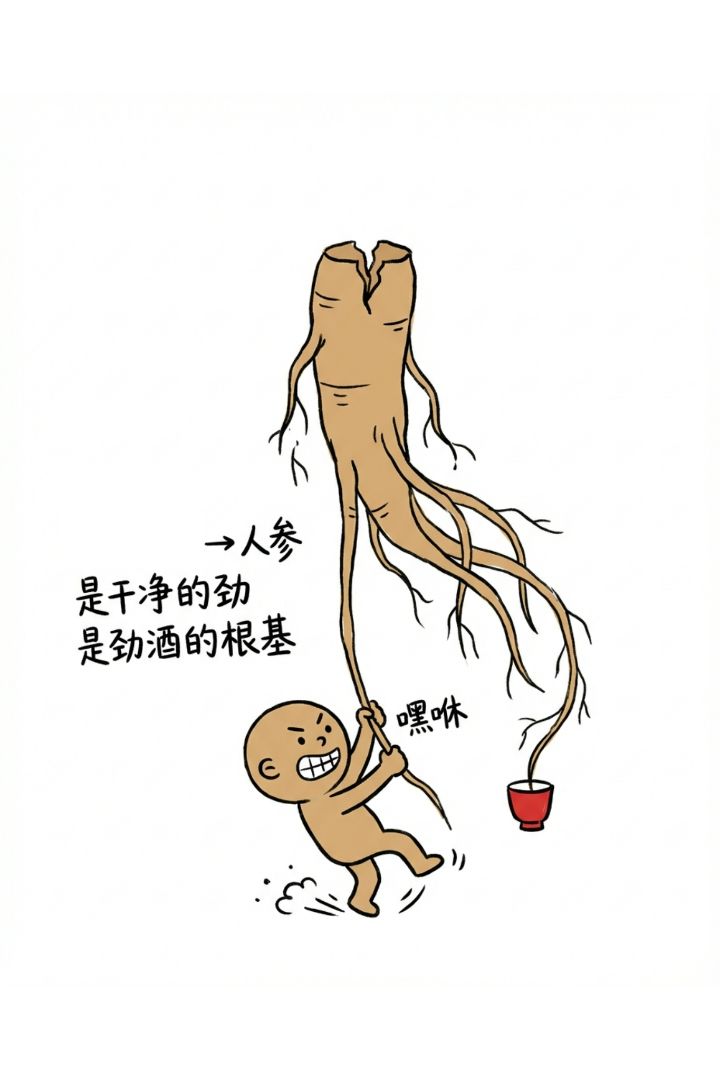 干净的根，从这里来。一口劲酒，藏着几味中药的小秘密，它们不是药，是干净的甜、暖、劲、沉。喝下去，像被轻轻抱住，又像自己站得更稳了。枸杞 是干净的甜 是劲酒偷偷给的元气；当归 是干净的暖 是劲酒轻轻抱住你的温柔； 人参 是干净的劲 是劲酒嘿咻一下就站稳的根基； 黄精 是干净的沉 是劲酒躺下来才冒出来的后劲。最后那杯，干了。 - 3