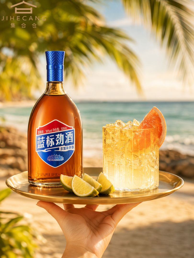 Dreamy sun-drenched tropical beach scene made for Southeast Asia’s endless summer vibes ✨. A gentle hand holds a sleek golden serving tray, showcasing the iconic Blue Label Jing...