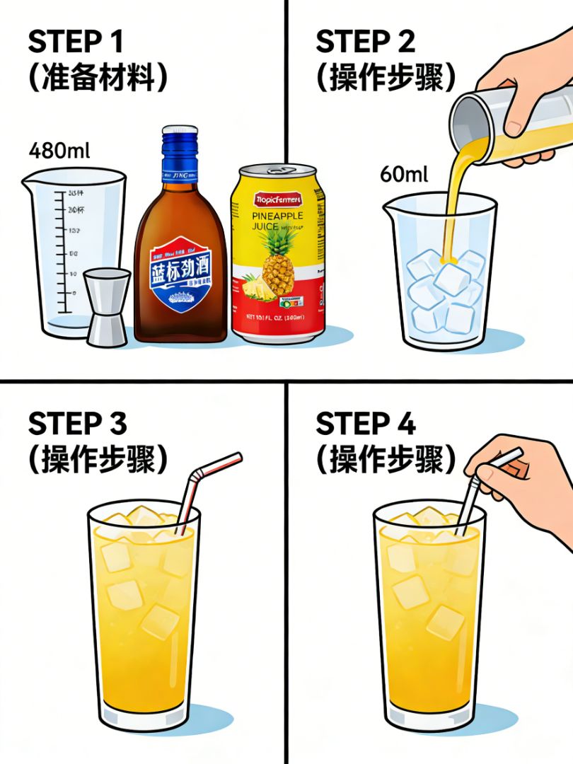 Ingredients (Step 1): 480ml ice glass, jigger, Blue Label Jinjiu, TropicFarmers pineapple juice with fruit pulp, straw