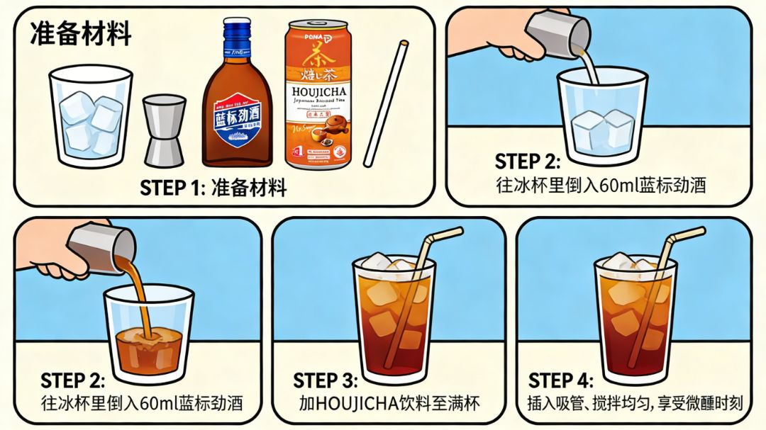 Ingredients (STEP 1): 480ml ice glass, jigger, Blue Label Jinjiu, Pokka Houjicha, straw