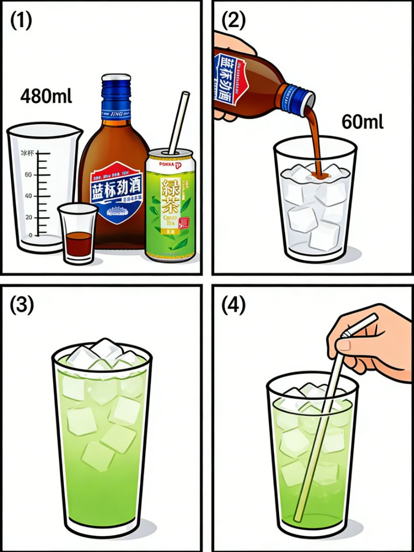 Ingredients (STEP 1): 480ml ice glass, jigger, Blue Label Jinjiu, Pokka Jasmine Green Tea, straw
