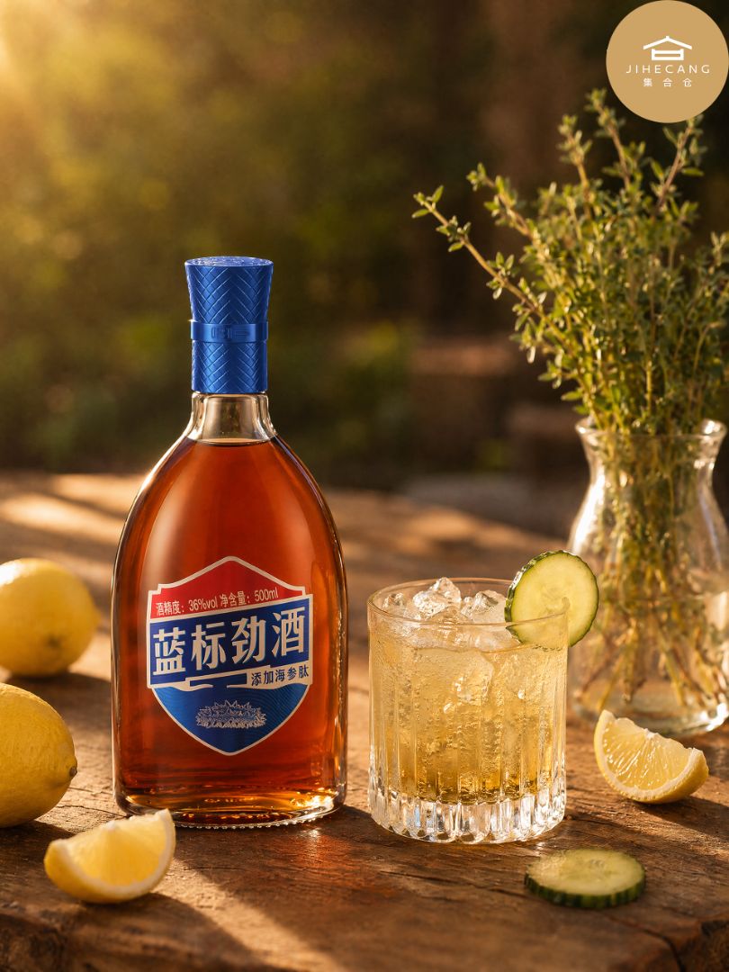 Imagine warm golden sunset sunlight spilling across rustic wooden patio table, fresh lemon & crisp cucumber laid out beside your drink while green herbs sway gently in soft bree...