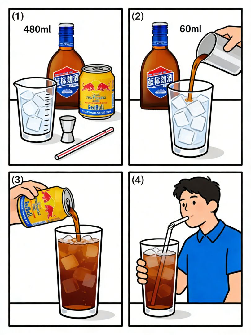 Ingredients (STEP 1): 480ml ice glass, jigger, Blue Label Jinjiu, Red Bull, straw