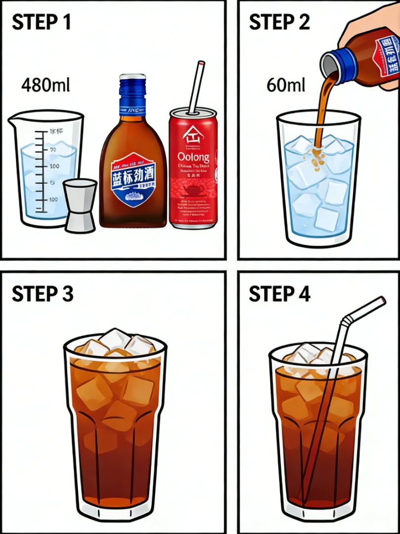 Ingredients (STEP 1): 480ml ice glass, jigger, Blue Label Jinjiu, oolong can drinks, straw