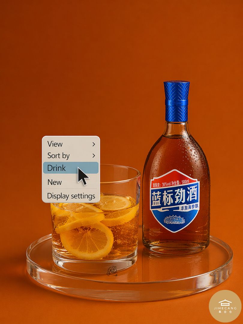 Warm burnt-orange minimalist studio aesthetic for your new favorite unwind drink 🧡! Imagine a sleek transparent round tray placed on a smooth matte orange backdrop, holding our ...