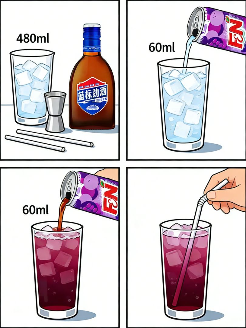 Ingredients (STEP 1): 480ml ice glass, jigger, Blue Label Jinjiu, F&N Groovy Grape Sparkling Drink, straw