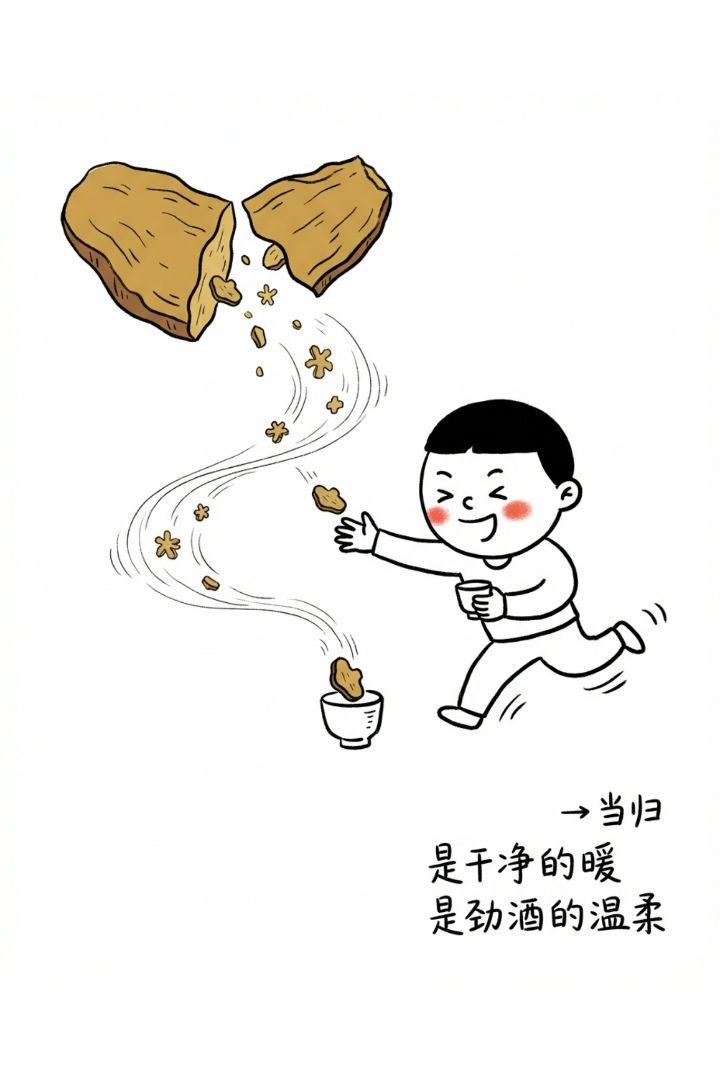 干净的根，从这里来。一口劲酒，藏着几味中药的小秘密，它们不是药，是干净的甜、暖、劲、沉。喝下去，像被轻轻抱住，又像自己站得更稳了。枸杞 是干净的甜 是劲酒偷偷给的元气；当归 是干净的暖 是劲酒轻轻抱住你的温柔； 人参 是干净的劲 是劲酒嘿咻一下就站稳的根基； 黄精 是干净的沉 是劲酒躺下来才冒出来的后劲。最后那杯，干了。 - 2