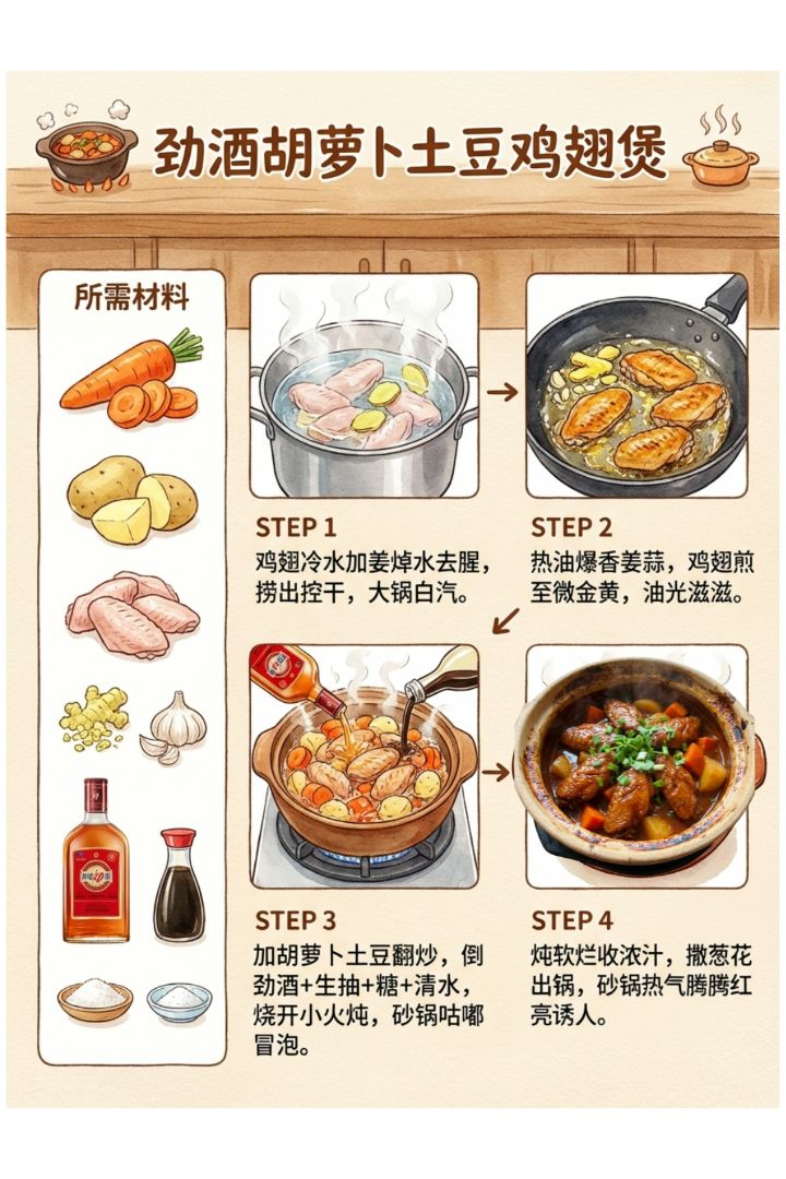 Jingjiu Chicken Wing Stew: fall-off-the-bone tender, potatoes & carrots soaked in rich sauce, steaming hot and warms you right up!