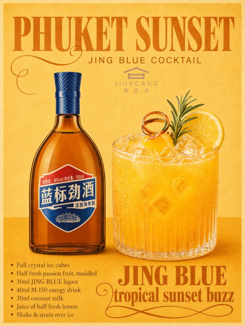 Dreaming of warm island sunsets? Mix up this bright golden Phuket Sunset cocktail using Jing Blue liquor for that perfect tropical buzz! 🥥