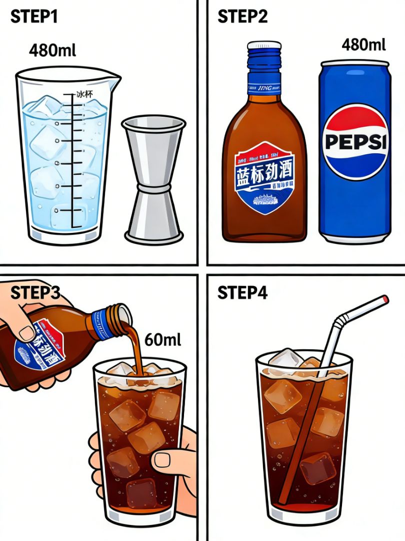 Ingredients (STEP 1): 480ml ice glass, jigger, Blue Label Jinjiu, Pepsi, straw