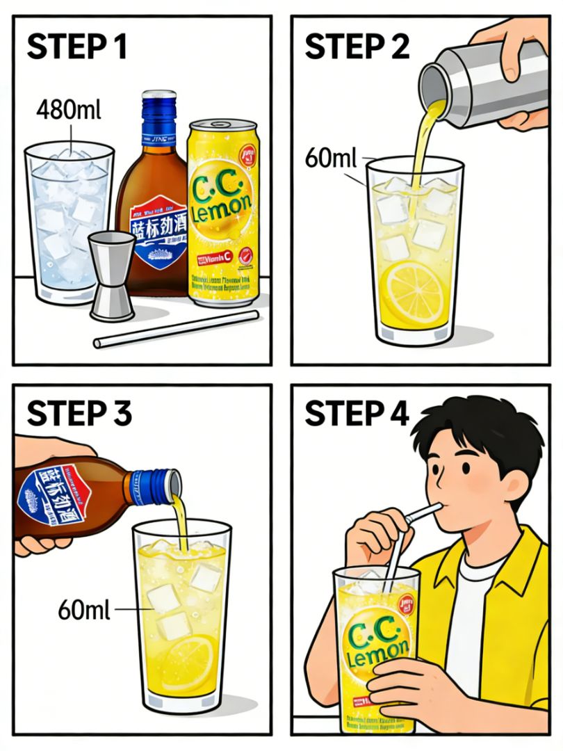 Ingredients (STEP 1): 480ml ice glass, jigger, Blue Label Jinjiu, SUNTORY C.C LEMON, straw
