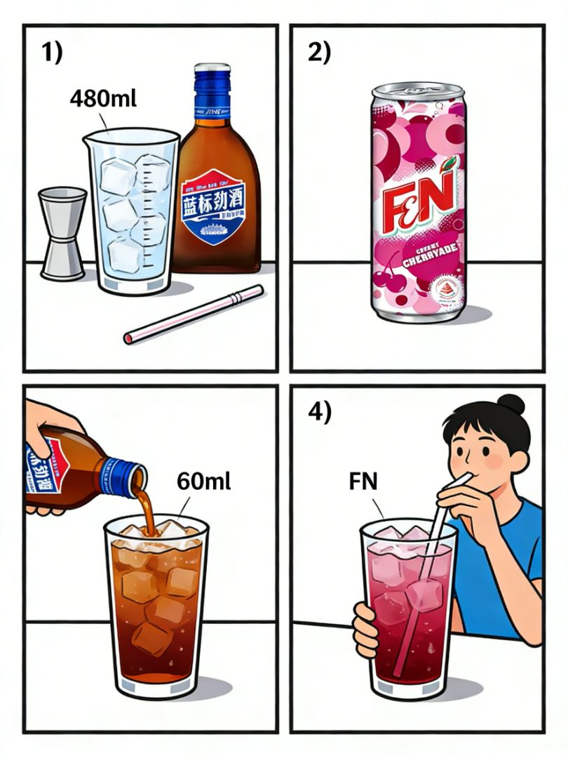 Ingredients (STEP 1): 480ml ice glass, jigger, Blue Label Jinjiu, F&N Groovy cherry sparkling wine, straw