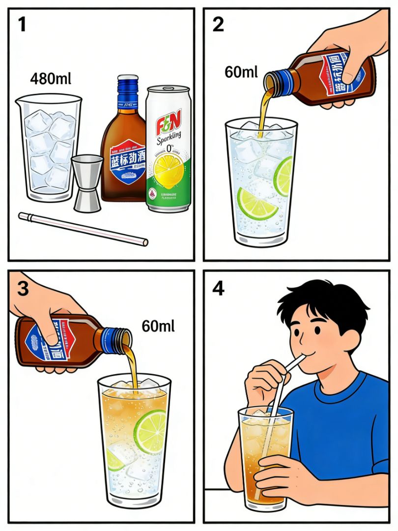 Ingredients (Step 1): 480ml ice glass, jigger, blue label liqueur, F&N Groovy Lemon Sparkling Wine, straw